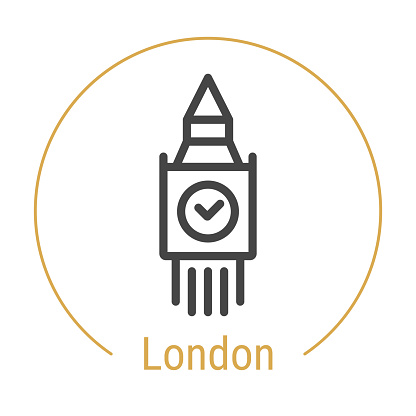 London, Great Britain Vector Line Icon with Gold Circle Isolated on White. London Landmark - Emblem - Print - Label - Symbol. Big Ben Tower Pictogram. World Cities Collection.