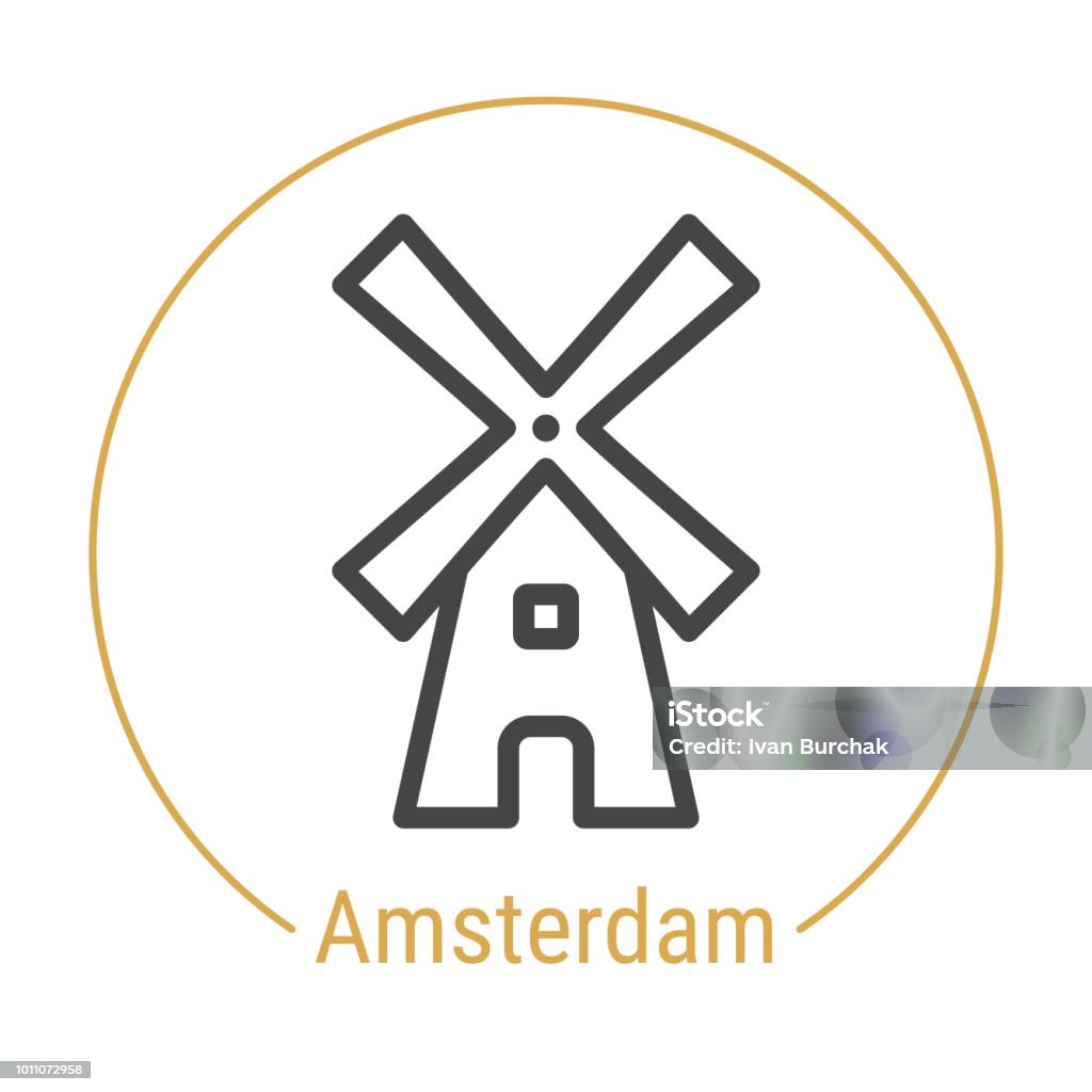 Amsterdam, Netherlands Vector Line Icon Amsterdam, Netherlands Vector Line Icon with Gold Circle Isolated on White. Amsterdam Landmark - Emblem - Print - Label - Symbol. Windmill Pictogram. World Cities Collection. Netherlands stock vector