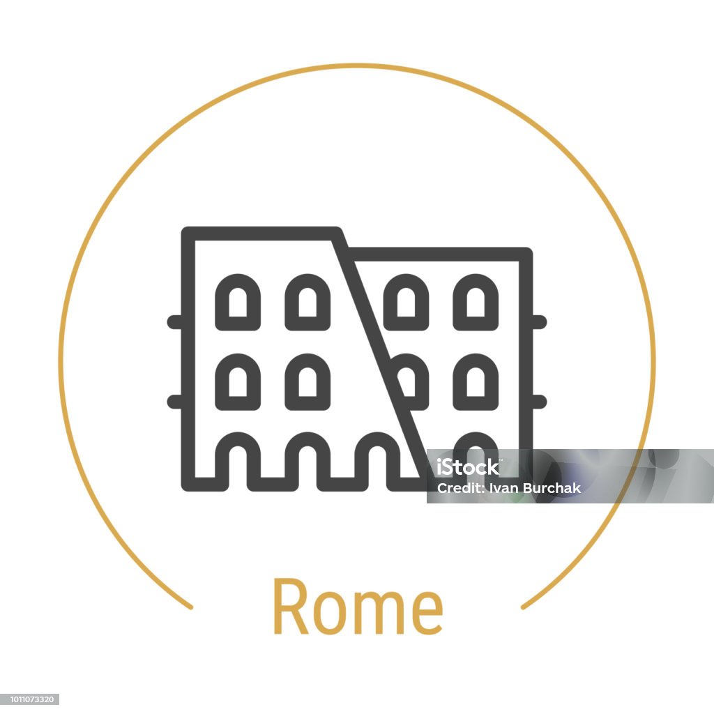 Rome, Italy Vector Line Icon Rome, Italy Vector Line Icon with Gold Circle Isolated on White. Rome Landmark - Emblem - Print - Label - Symbol. Colosseum Pictogram. World Cities Collection. Rome - Italy stock vector