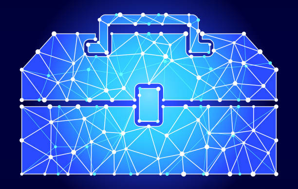 Tool Box Blue Triangle Node Vector Pattern Tool Box Blue Triangle Node Vector Pattern. The main object depicted in this royalty free vector illustration is created with the triangular line pattern. The individual lines form nodes with small circles on each of the vertices. The background is white with a slight gradient around the edges. tool box blue stock illustrations