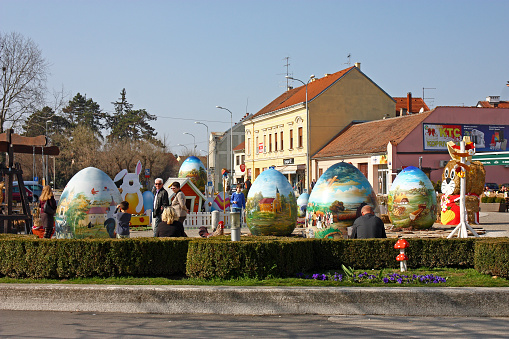 Koprivnica, Croatia - March 20, 2016: Exhibition of large Easter eggs 'Egg from the heart' at Zrinski square in Koprivnica, Croatia