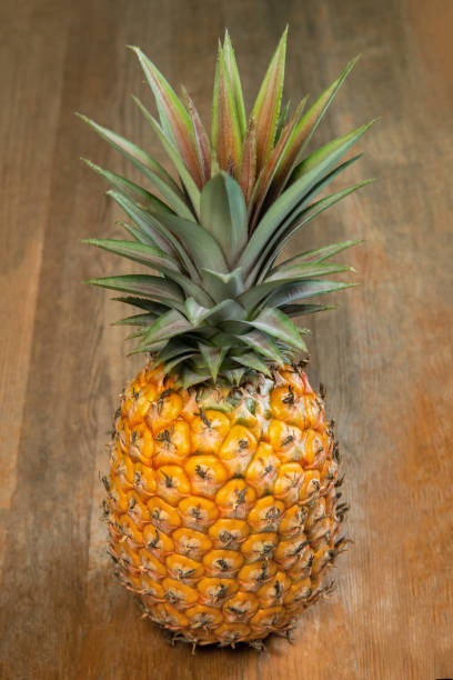 istock Single one full whole organic pineapple fruit on wooden background 1011088742