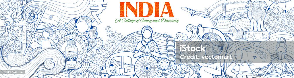 Fondo indio, mostrando su increíble cultura y diversidad con monumento, baile y festival de celebración para el 15 de agosto día de la independencia de la India - arte vectorial de India libre de derechos