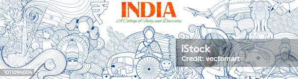 Ilustración de Fondo Indio Mostrando Su Increíble Cultura Y Diversidad Con Monumento Baile Y Festival De Celebración Para El 15 De Agosto Día De La Independencia De La India y más Vectores Libres de Derechos de India