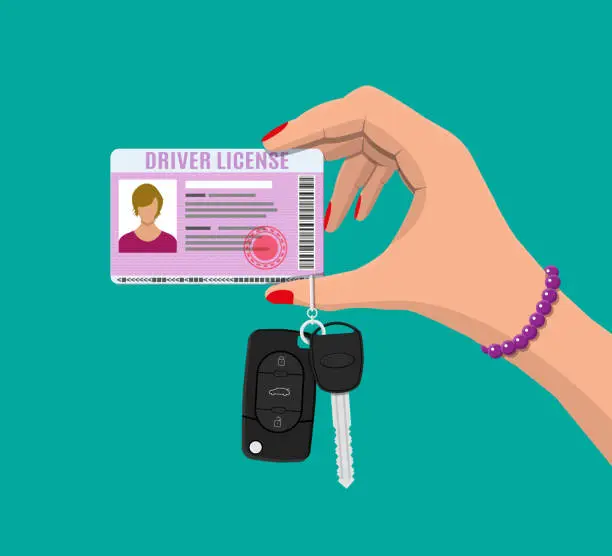 Vector illustration of Car driver woman license, car keys in hand