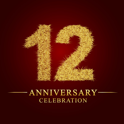 12 years anniversary celebration logotype. Logo gold pile of dry rice on red background. Number nest and fuzz gold foil.