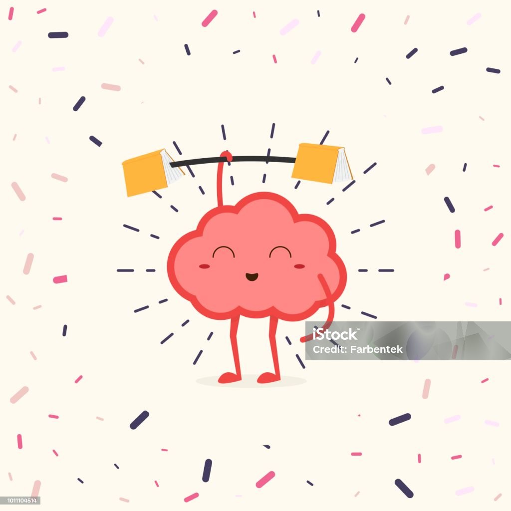 Train your brain. Human brain with fitness rod holding books at ends. Motivation, balance, thoughtful, mindfulness concept illustration vector. Exercising stock vector