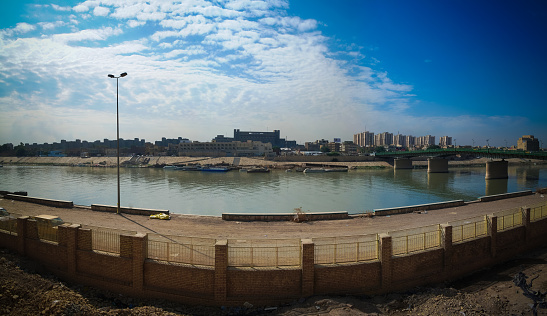 Aerial panorama view to Baghdad city and Tigris promenade from Al-Mustansiriya University and Madrasah at Baghdad, Iraq