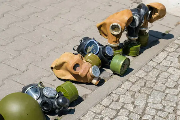 Photo of Gas masks of second world war displayed on street for tourists as souvenir