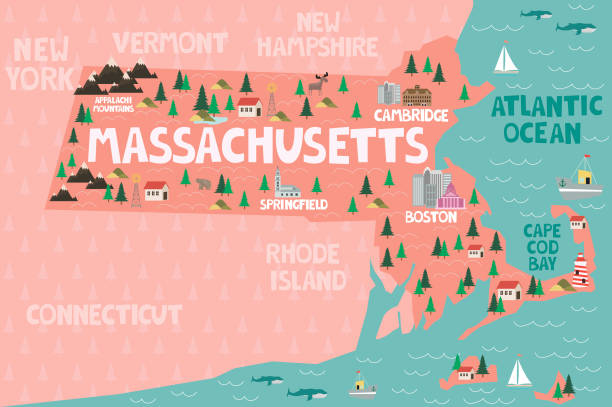 ilustrações de stock, clip art, desenhos animados e ícones de illustrated map of the state of massachusetts in united states - direction sea lighthouse landscape