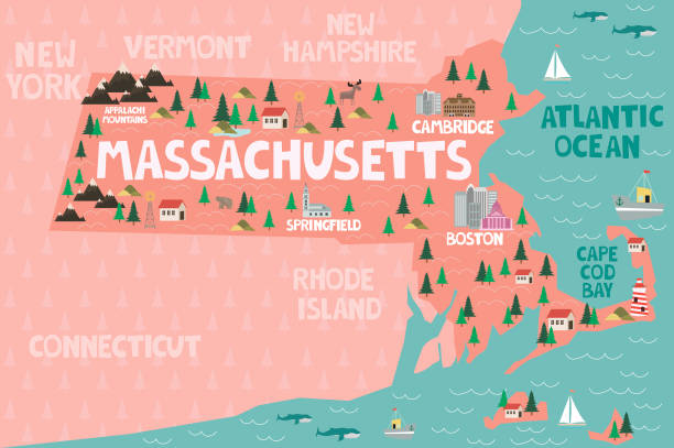 Illustrated map of the state of Massachusetts in United States Illustrated map of the state of Massachusetts in United States with cities and landmarks. Editable vector illustration massachusetts illustrations stock illustrations