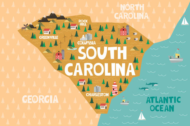 illustrazioni stock, clip art, cartoni animati e icone di tendenza di mappa illustrata dello stato della carolina del sud negli stati uniti - columbia north carolina