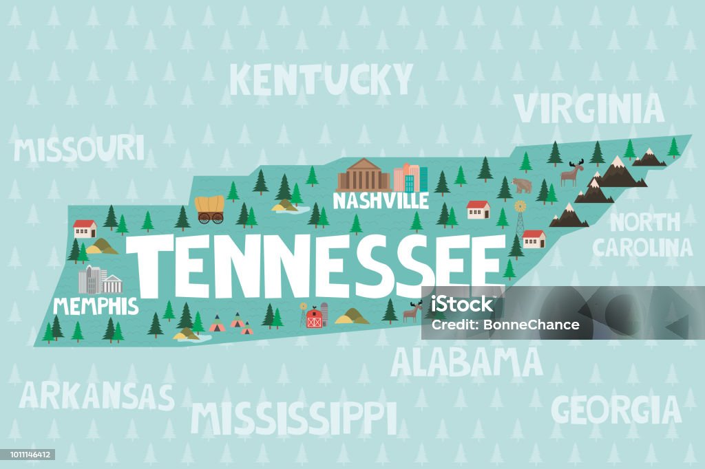 Illustrated map of the state of Tennessee in United States Illustrated map of the state of Tennessee in United States with cities and landmarks. Editable vector illustration Tennessee stock vector