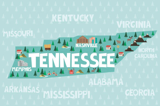 Illustrated map of the state of Tennessee in United States Illustrated map of the state of Tennessee in United States with cities and landmarks. Editable vector illustration tennessee stock illustrations