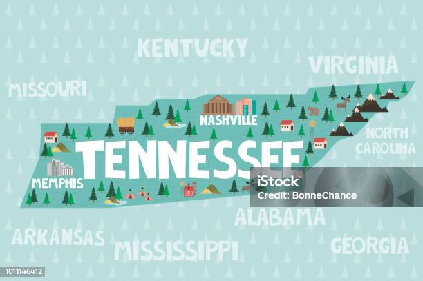 Illustrated Map Of The State Of Tennessee In United States Stock Illustration - Download Image Now