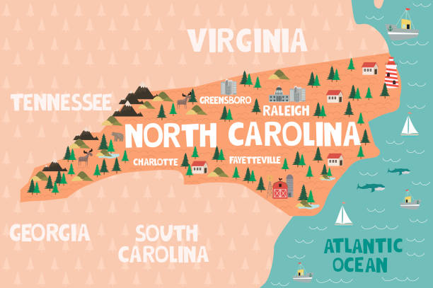 Illustrated map of the state of North Carolina in United States Illustrated map of the state of North Carolina in United States with cities and landmarks. Editable vector illustration state of north carolina map stock illustrations