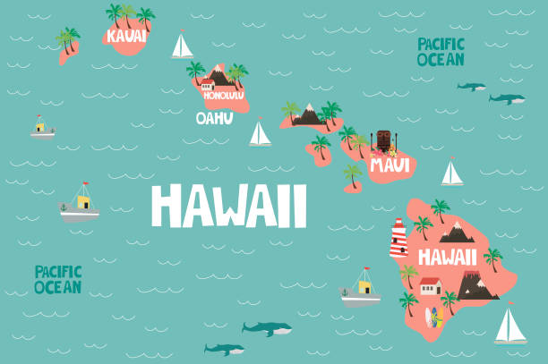 illustrierte karte von dem bundesstaat hawaii in den vereinigten staaten - hawaii islands luau hula dancing hawaiian culture stock-grafiken, -clipart, -cartoons und -symbole