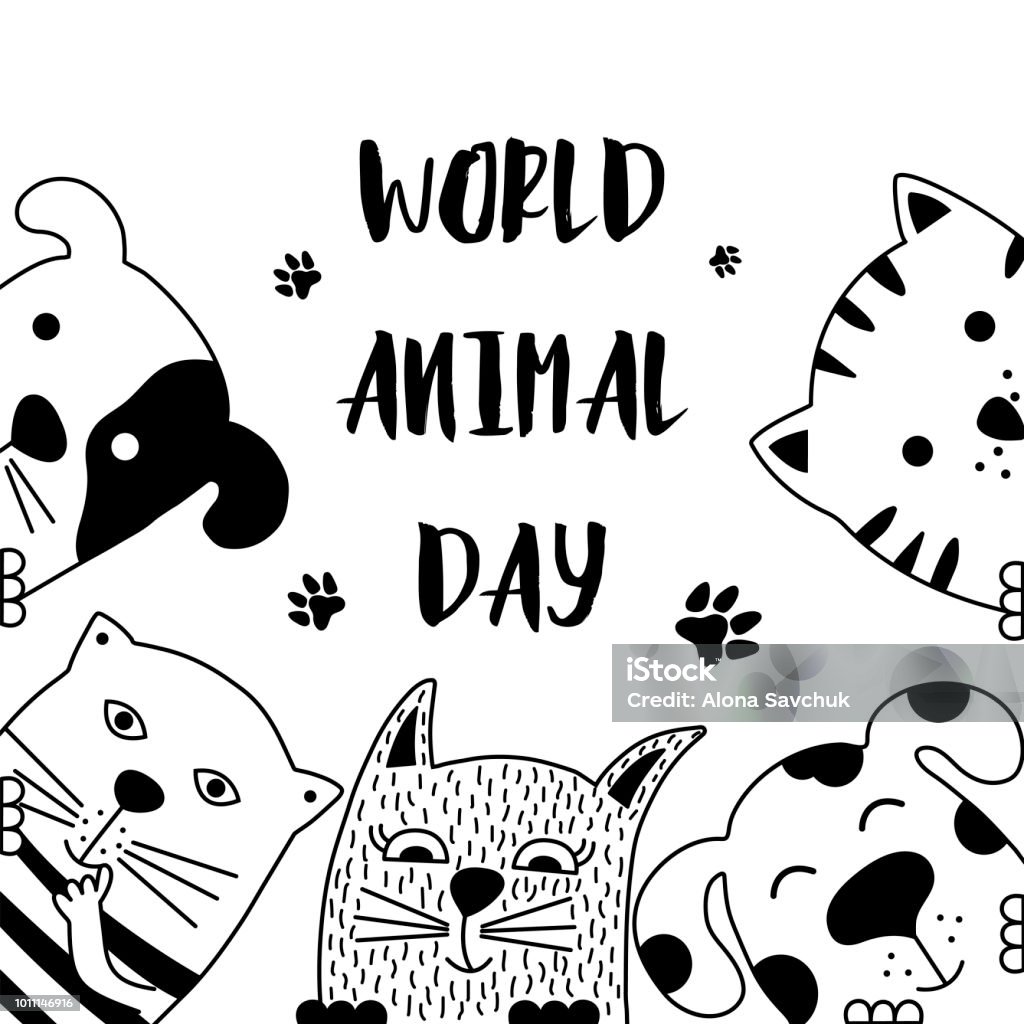 Funny dog and cute cat best friends. Funny dog and cute cat best friends. World animal day. Doodle style. Vector illustration. Drawing - Activity stock vector