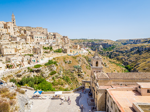 Panoramic view of the Sassi di Matera, prehistoric historic center, UNESCO World Heritage Site, European Capital of Culture 2019