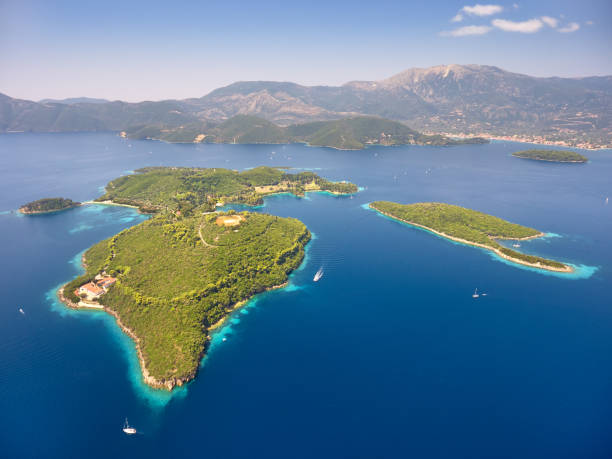 Stunning aerial view of Skorpios island and Skorpidi island. stock photo