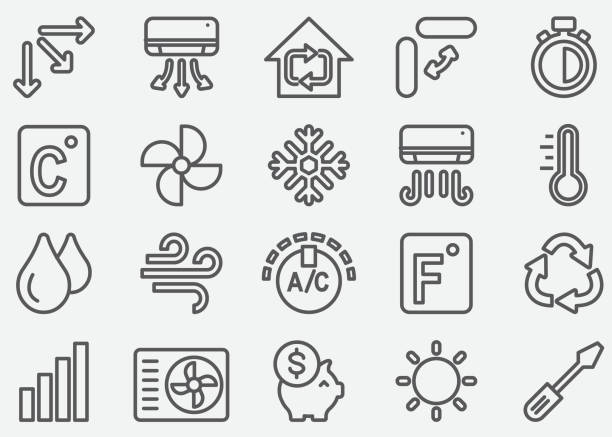 ilustraciones, imágenes clip art, dibujos animados e iconos de stock de iconos de línea de aire acondicionado - ventilador