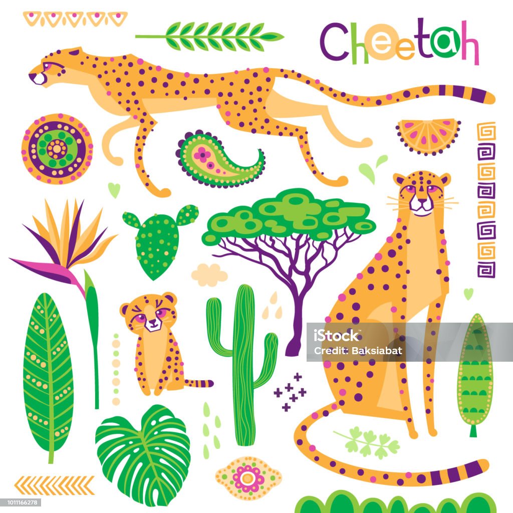 Wild exotic cats, tropical plants and ethnic patterns set. Cheetahs and their cub. Vector illustration of cartoon style Wild exotic cats, tropical plants and ethnic patterns set. Cheetahs and their cub. Vector illustration of cartoon style. Cheetah stock vector