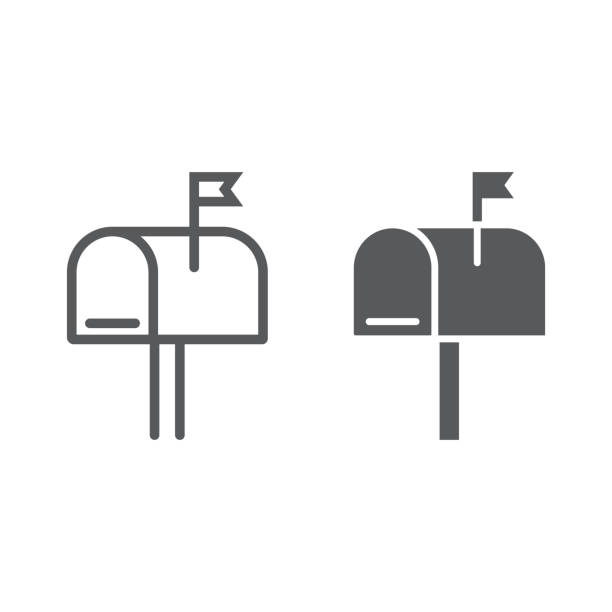 메일 상자 및 문자 모양 아이콘, 편지 및 게시물, 사서함 서명, 벡터 그래픽, 흰색 배경, eps 10에 선형 패턴. - mailbox stock illustrations