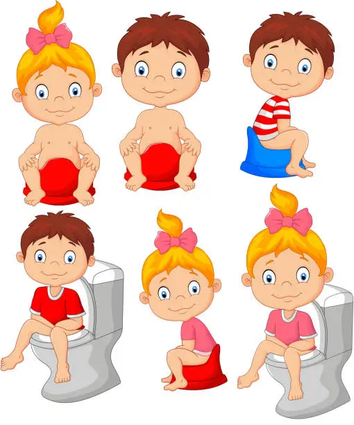 Vector illustration of Set of cute little babies sitting on the potty