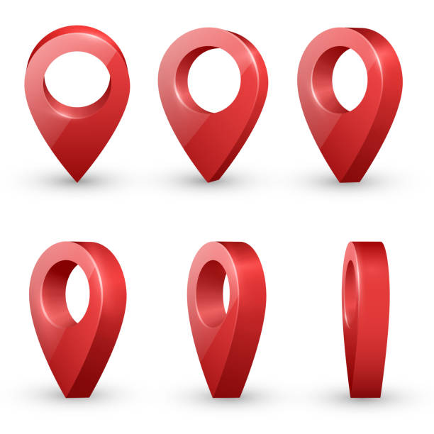 Map pointers vector set Shiny red  realistic map pointers vector set in various angles. Map pointer 3d pin. Location symbols. pointer stick stock illustrations