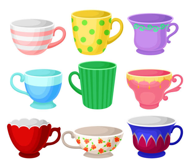 bunte tassen-set, verschiedene tee oder kaffeetassen vektor-illustrationen auf weißem hintergrund - tea cup stock-grafiken, -clipart, -cartoons und -symbole