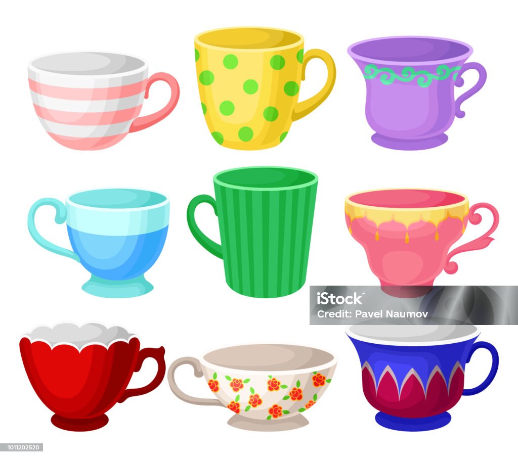 Colorful cup set, different tea or coffee cups vector Illustrations on a white background Colorful cup set, different tea or coffee cups vector Illustrations isolated on a white background. Tea Cup stock vector