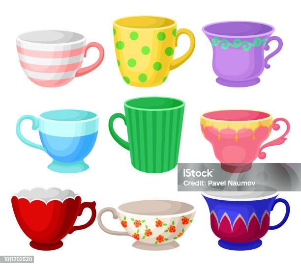 Colorful Cup Set Different Tea Or Coffee Cups Vector Illustrations On A White Background Stock Illustration - Download Image Now