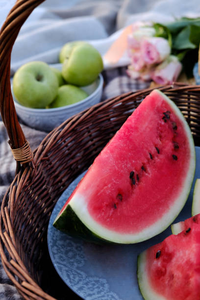 istock Summer Picnic: basket with watermelon, in the background apples and roses 1011202534