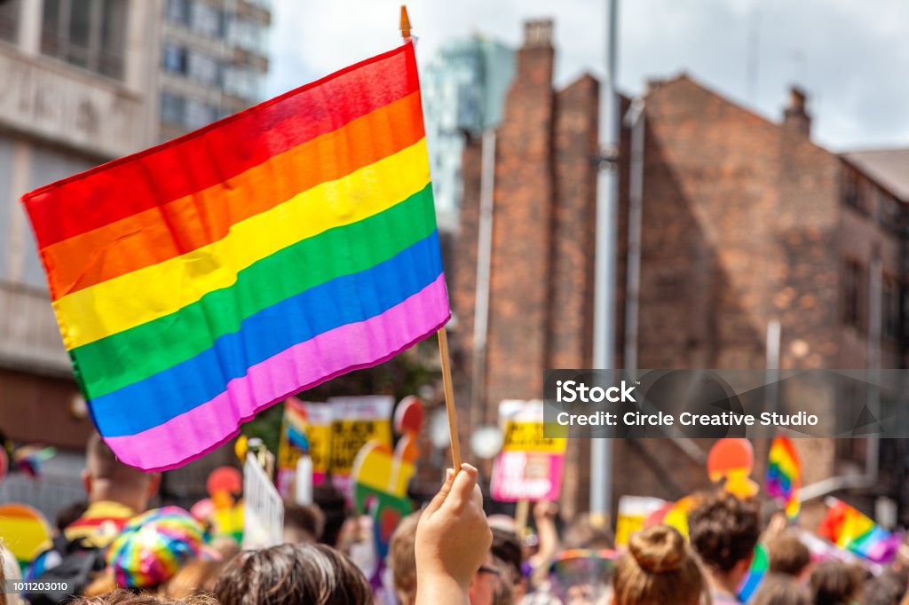 Pride Parade Flags Pride parade flags with beautiful rainbow colors LGBTQIA Pride Event Stock Photo