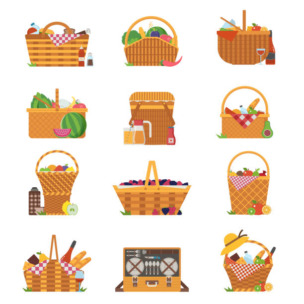 Wicker Picnic Baskets And Hampers Icons Stock Illustration