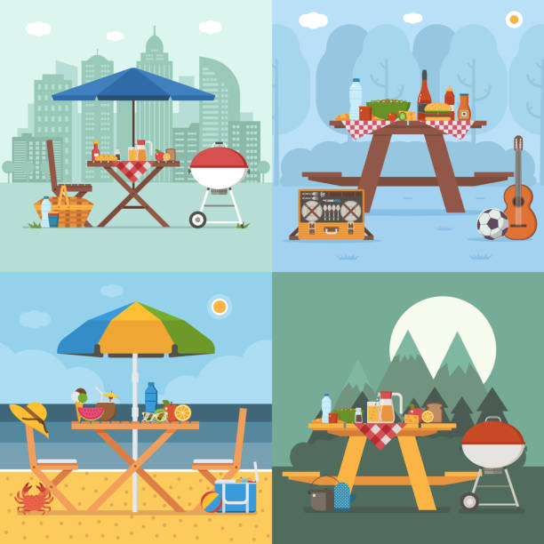 Summer Picnic Tables Collection Picnic table and outing appliances on different backgrounds. Barbecue party concepts with bbq on public park, sea beach, mountain and city. Summer picnic scenes in flat design. table moutain stock illustrations