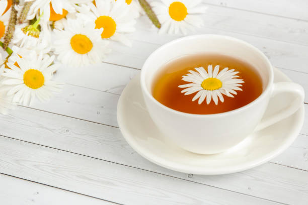 istock Cup of chamomile tea on a white wooden table. Copy space. 1011227380