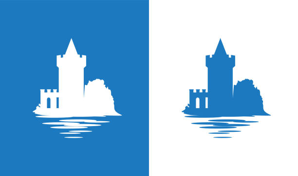 illustrazioni stock, clip art, cartoni animati e icone di tendenza di icona con il castello medievale europeo di falkirk nei colori della bandiera nazionale scozzese - central berlin