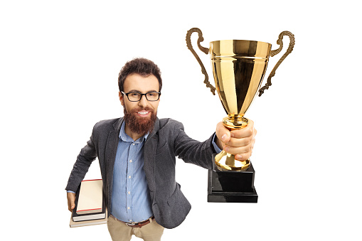 Professor showing a golden trophy isolated on white background