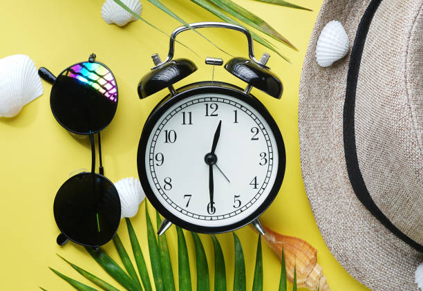 istock Summer Time Alarm Clock Between Flat Lay Summer Beach Accessories 1011254506