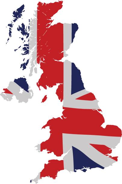 UK map with Union Jack The map of Great Britain superimposed on country border. government silhouettes stock illustrations