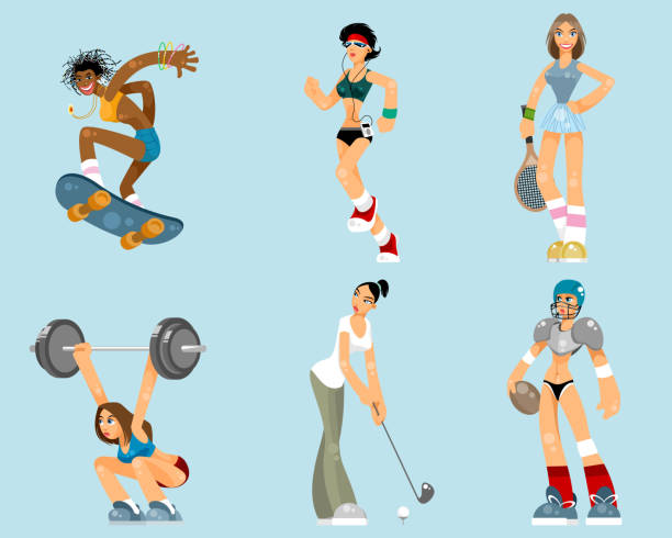 ilustrações, clipart, desenhos animados e ícones de conjunto de mulheres de esportes - football player