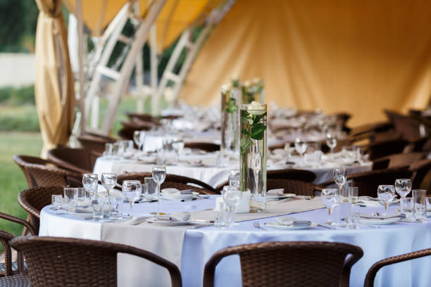 istock empty wine glasses restaurant interior serving, beautifully served wine glasses 1011260352