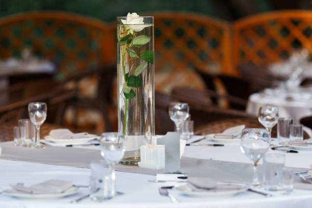 empty wine glasses restaurant interior serving, beautifully served wine glasses - banquet table set restaurant imagens e fotografias de stock