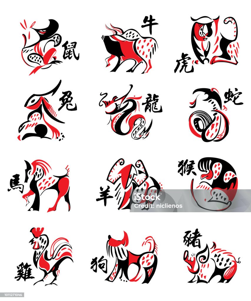 ENSEMBLE DE SIGNES DU ZODIAQUE CHINOIS - clipart vectoriel de Culture chinoise libre de droits