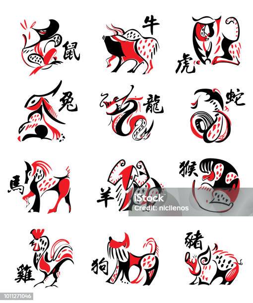 Ensemble De Signes Du Zodiaque Chinois Vecteurs libres de droits et plus d'images vectorielles de Culture chinoise - Culture chinoise, Caprin, Signe du zodiaque chinois