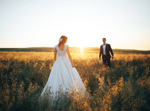 istock Young couple walking in the wheat field at sunset 1011271162