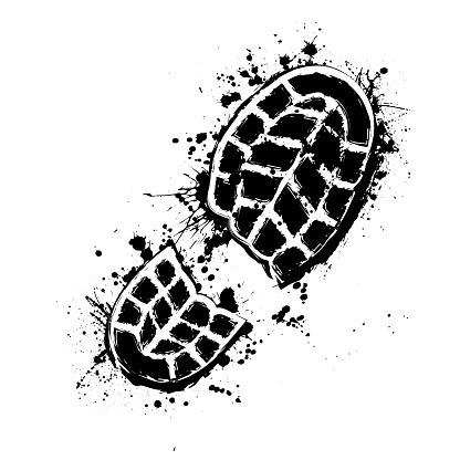 Grunge silhouette of shoe print on white background with in blots