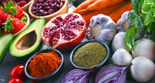 istock Composition with fresh vegetarian grocery products 1011276844
