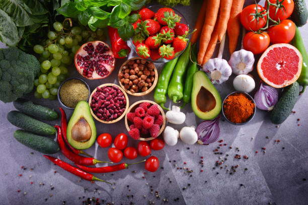 istock Composition with fresh vegetarian grocery products 1011276926